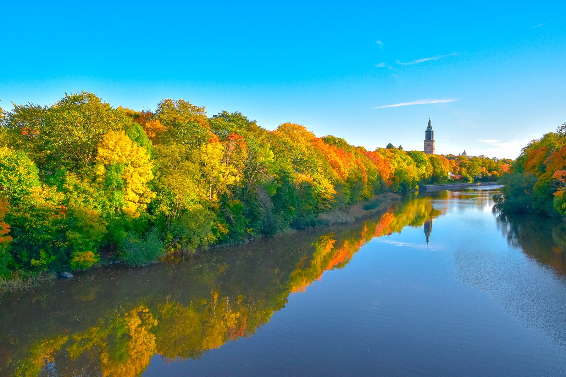 Autumn-coloured trees line the Aura River, with Turku Cathedral in the background.